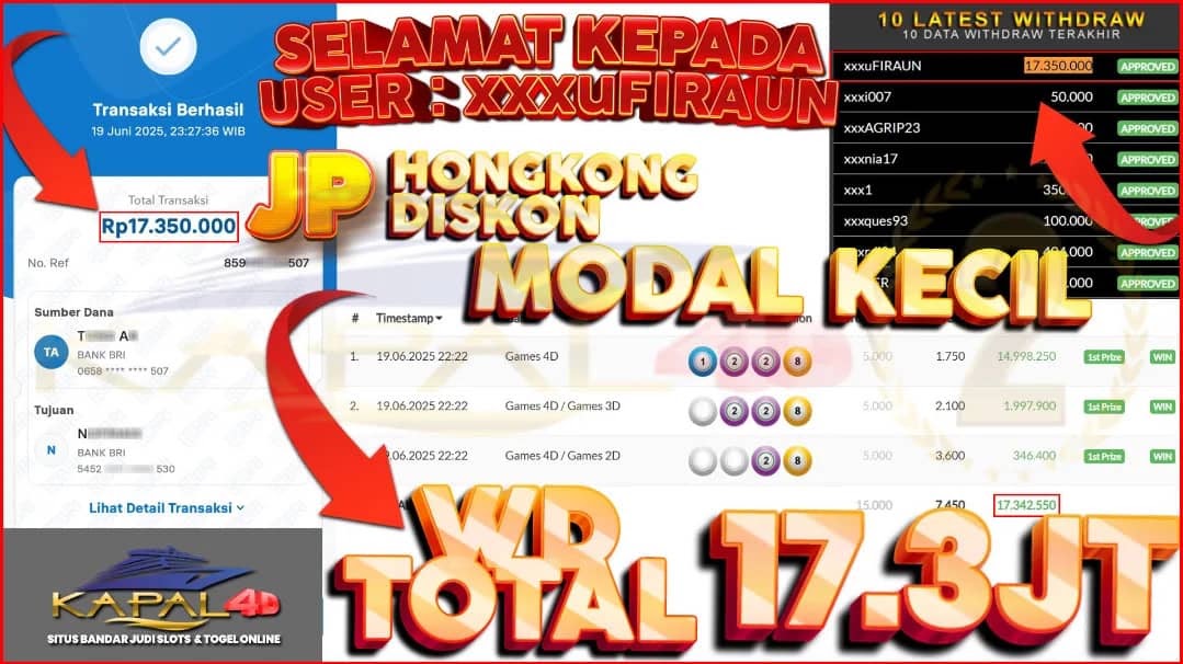 SELAMAT KEPADA MEMBER TERCINTA KAPAL4D USER : XXXUFIRAUN YANG JP PASARAN TOGEL HONGKONG POOLS (DISKON) 1 SET TANGGAL 19-JUNI-2025 TOTAL KEMENANGAN = 17.342.550