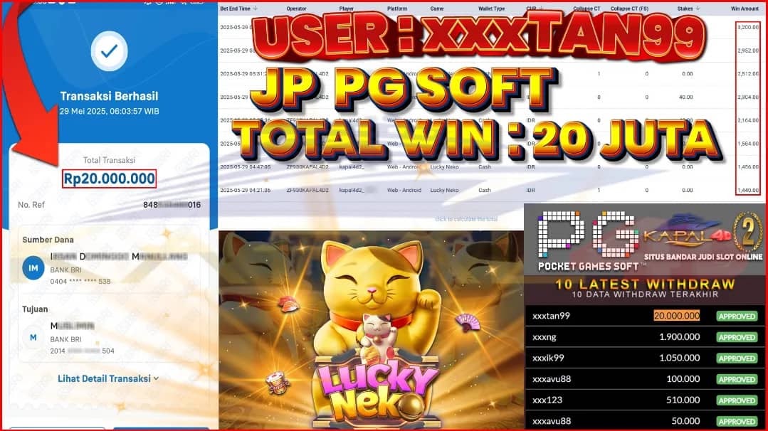 SELAMAT KEPADA MEMBER TERCINTA KAPAL4D2 USER : XXXTAN99 YANG JP PADA PERMAINAN LUCKY NEKO PGSOFT DI TANGGAL 29 MEI 2025 TOTAL KEMENANGAN = 20.000.000
