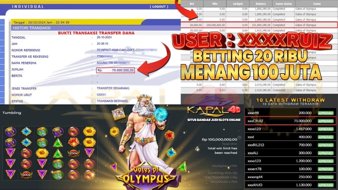 SELAMAT KEPADA MEMBER TERCINTA KAPAL4D USER : XXXRUIZ YANG JP PADA PERMAINAN PRAGMATIK SLOT (GATE OLYMPUS) DI TANGGAL 26 OKTOBER 2024 DENGAN TOTAL KEMENANGAN = 100.000.000