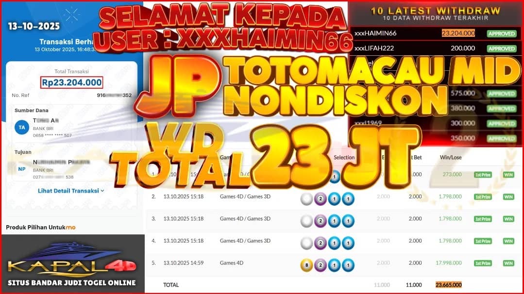 💰 JP MEWAH TOTOMACAU MID NONDISKON! 💰Selamat kepada User XXXHAIMAN66 yang pecah JP besar! 🥳WD Total 23 JUTA ! (Rp23.204.000) Kemenangan hari ini terbukti, transaksi sukses 13-10-2025. ✅