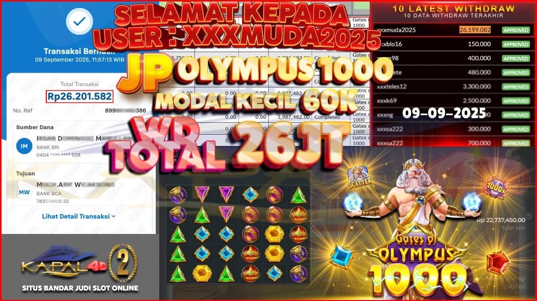 🎉🔥 SELAMAT KEPADA USER : xxxMUDA2025 🔥🎉💎 JP GATES OF OLYMPUS 1000 💎⚡ Modal receh cuma 60K langsung tembus 💰 WD TOTAL 26 JUTA 💰📅 Tanggal : 09-09-2025✅ Bukti JP nyata & WD cair tanpa potongan!