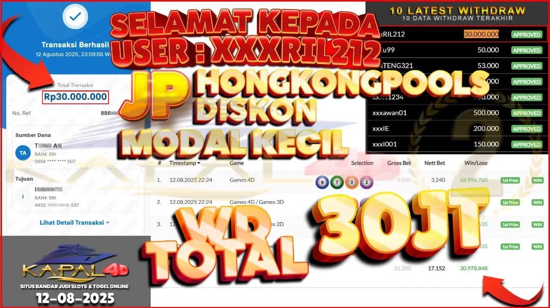 💰 MODAL KECIL BAWA PULANG 30 JUTA! JP HONGKONGPOOLS PECAH DI KAPAL4D! 💰Selamat kepada member setia KAPAL4D, yaitu xxxRIL212, yang sukses JP Rp 30.000.000,- di pasaran Hongkongpools Diskon dengan modal kecil! 🤩 WD Total 30 Juta sudah cair dan terbukti lunas tanpa potongan!