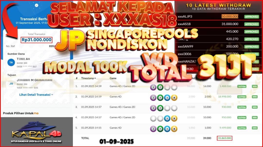 ✨ MODAL 100K CUAN JADI 31 JUTA! JP SINGAPOREPOOLS NONDISKON DI KAPAL4D! ✨Selamat kepada member setia KAPAL4D, yaitu xxxAS18, yang berhasil JP Rp 31.000.000,- hanya dengan modal 100 ribu di pasaran Singaporepools Nondiskon! 💎