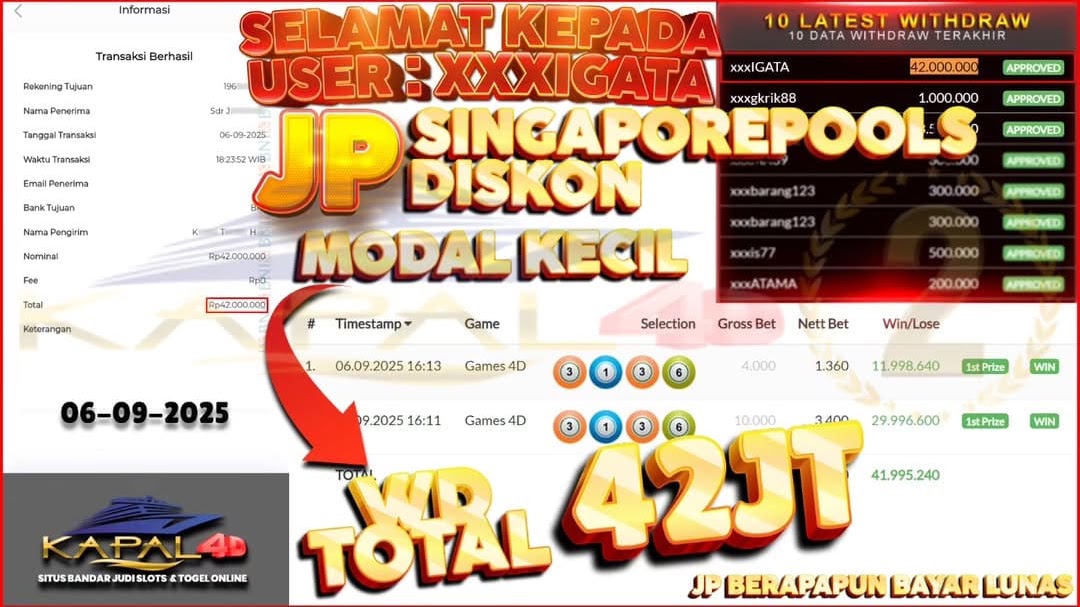 🔥 MODAL KECIL TEMBUS 42 JUTA! 🔥Selamat untuk member setia xxxIGATA yang sukses JP Rp 42.000.000,- di pasaran SingaporePools Diskon hanya dengan modal kecil!💸💰 Bukti nyata WD cair 42 Juta tanpa potongan, cepat & aman!