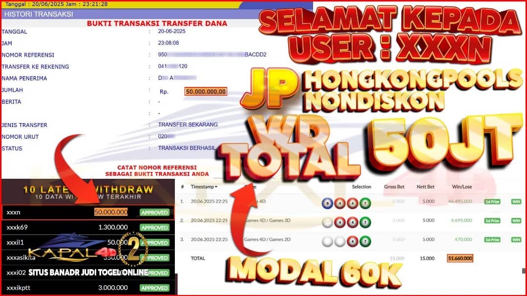 Bukti JP User ID: xxxN📅 Tanggal: 20 juni 2025💰 Total Withdraw: Rp 50.000.000🎯 JP TOGEL (HONGKONG NONDISKON)🏆 Menang 1st BBFS 4D,3D,2D✅ Status: Approved & Lunas