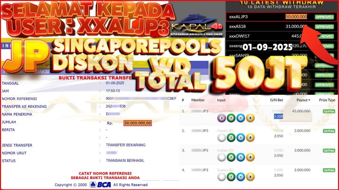 🎉 MODAL KECIL TEMBUS 50 JUTA! JP SINGAPOREPOOLS DI KAPAL4D! 🎉Selamat kepada member setia KAPAL4D, yaitu xxxALJP3 , yang berhasil JP Rp 50.000.000 ,- di pasaran Singaporepools Diskon🏆WD Total 50 Juta sudah cair dan terbukti LUNAS tanpa potongan! ⚡