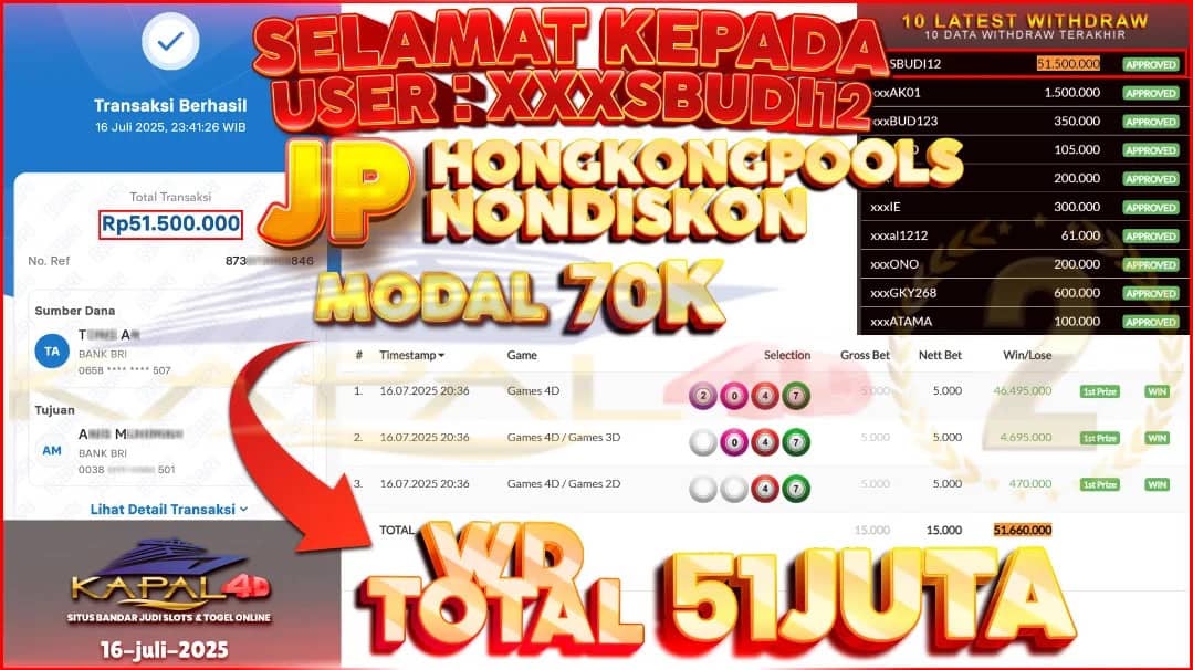 💥 *MODAL 70 RIBU BAWA PULANG 51 JUTA LEBIH*! 💥Kabar gembira datang dari member kami, xxxSBUDI12, yang sukses *JP Rp 51.500.000,-* di HONGKONGPOOLS NONDISKON, 16 Juli 2025! WD Total *Rp 51.5 Juta* sudah cair! 🤩