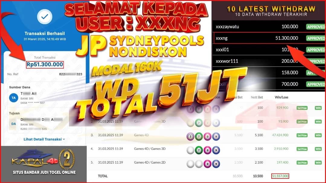 SELAMAT KEPADA MEMBER TERCINTA KAPAL4D2 USER : XXXNG YANG JP PADA PERMAINAN TOGEL SYDNEY POOLS (DISKON) DI TANGGAL 31 MARET 2025 DENGAN TOTAL KEMENANGAN = 51.557.000