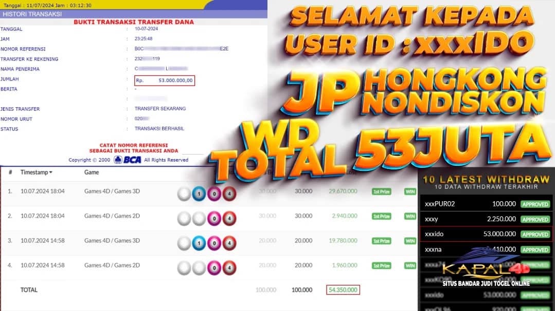 SELAMAT KEPADA MEMBER TERCINTA KAPAL4D USER : XXXIDO YANG JP PADA PASARAN HONGKONG (NODISKON) GAMES 3D & 2D DI TANGGAL 10 JULI 2024 DENGAN TOTAL WITHDRAW = 53.000.000