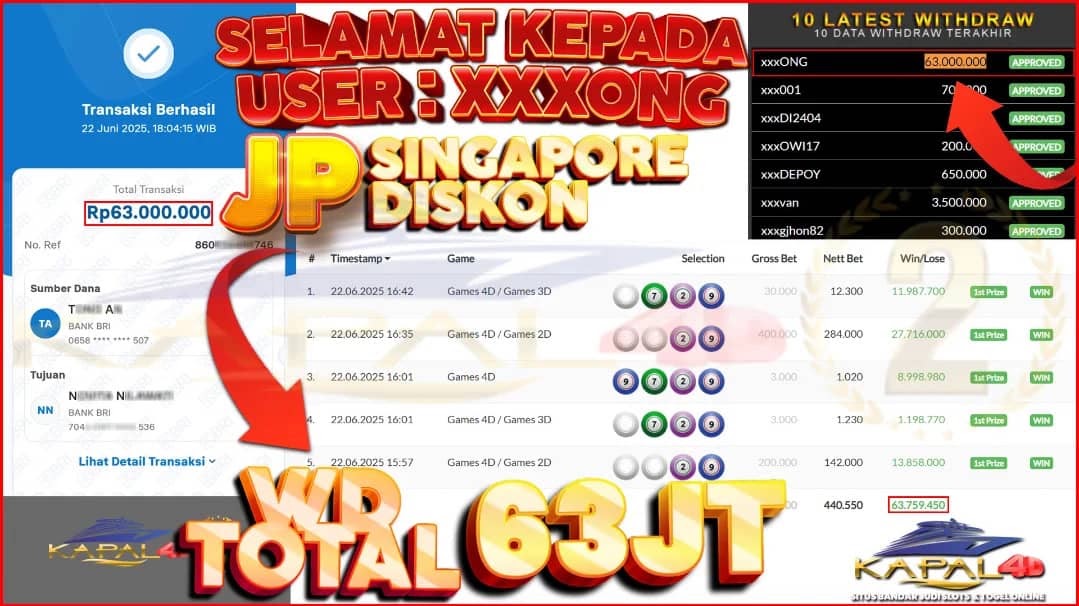 Bukti JP User ID: xxxONG📅 Tanggal: 22 juni 2025💰 Total Withdraw: Rp 63..000.000🎯 JP TOGEL (SINGAPORE DISKON)🏆 Menang 1st ANGKA JADI 4D,3D,2D✅ Status: Approved & Lunas
