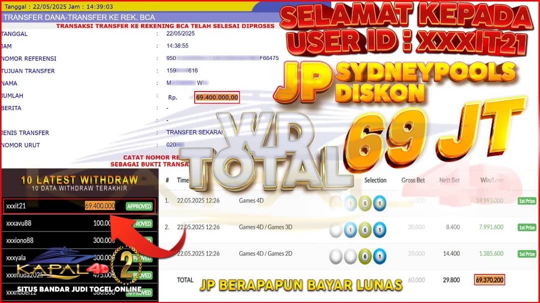 SELAMAT KEPADA MEMBER TERCINTA KAPAL4D2 USER : XXXIT21 YANG JP PADA PERMAINAN TOGEL SYDNEY POOLS (DISKON) DI TANGGAL 22 MEI 2025 DENGAN TOTAL KEMENANGAN = 69.370.200