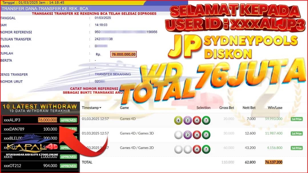 SELAMAT KEPADA MEMBER TERCINTA KAPAL4D USER : XXXALP3 YANG JP PADA PERMAINAN SYDNEY POOLS (DISKON) DI TANGGAL 01 MARCH 2025 DENGAN TOTAL KEMENANGAN = 76.000.000