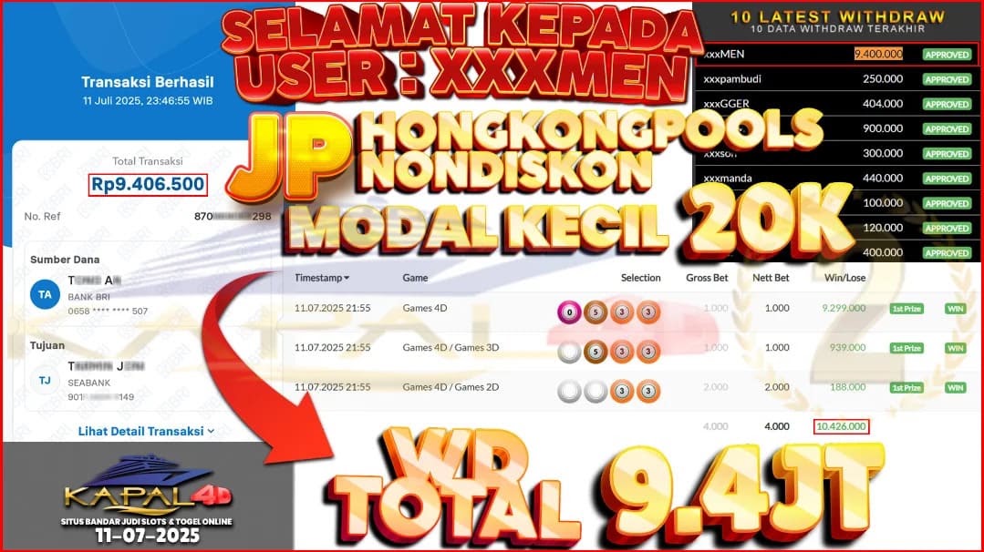 🎉 MODAL 20 RIBU JADI 9 JUTA LEBIH DI HONGKONG! 🎉Selamat kepada member setia XXXMEN yang berhasil meraih JP Rp 9.400.000 di Hongkong Pools Nondiskon hanya dengan modal Rp 20.000! 🤩 Benar-benar luar biasa!