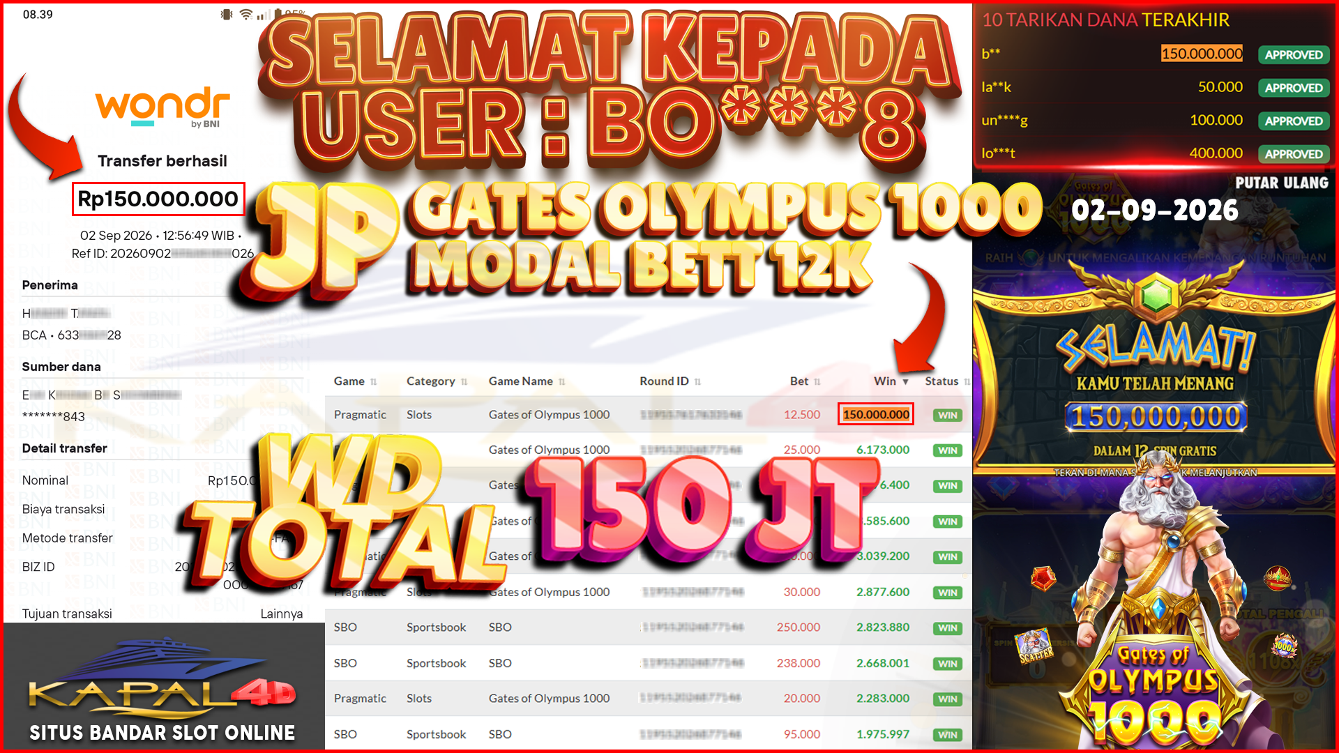 Selamat kepada user BOXXX8 yang baru saja sah WD Rp 150.000.000 di SLOT Games Gates olympus 1000, hanya dengan modal beting 12 ribu MAXWIN ratusan juta, JP BERAPAPUN BAYAR LUNAS 👍