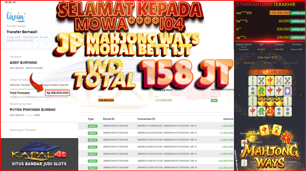 Selamat kepada user WA****I04 yang baru saja sah WD Rp 158.000.000 di permainan PG Soft Majong Ways 🥳 Cuma modal BETT 1JT, bisa angkut mobil baru! Bukti transfer Mandiri sudah mendarat mulus, no setting-setting!