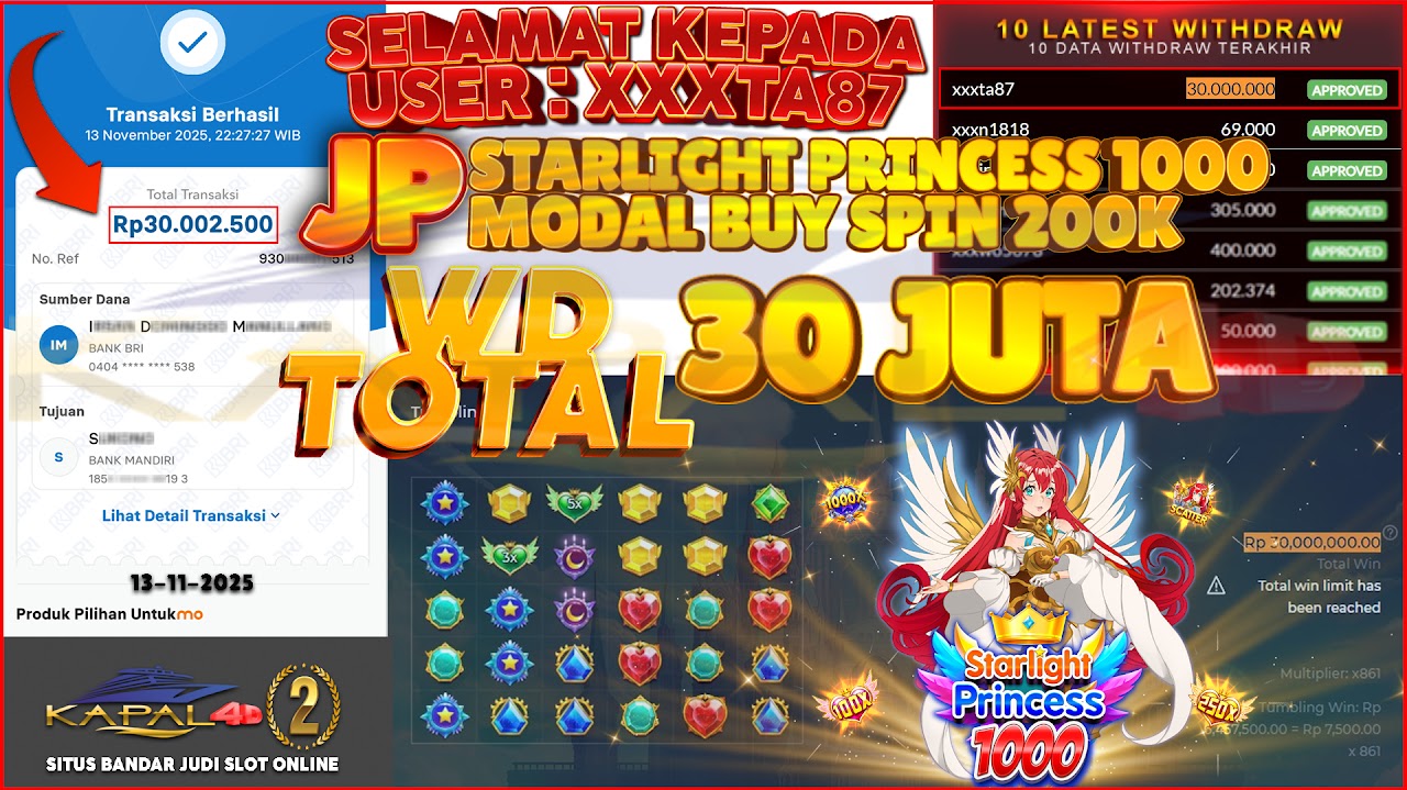 ✨️ MODAL 200K TEMBUS 30 JUTA! ✨️Selamat untuk member setia XXXTA87 yang sukses JP Rp 30.000.000 ,- di STARLIGHT PRINCESS 1000 ! Cuma modal buy spin 200 Ribu, WD total 30 JUTA! 😱💸💰 Bukti nyata WD cair 30 JUTA tanpa potongan, cepat & aman! 