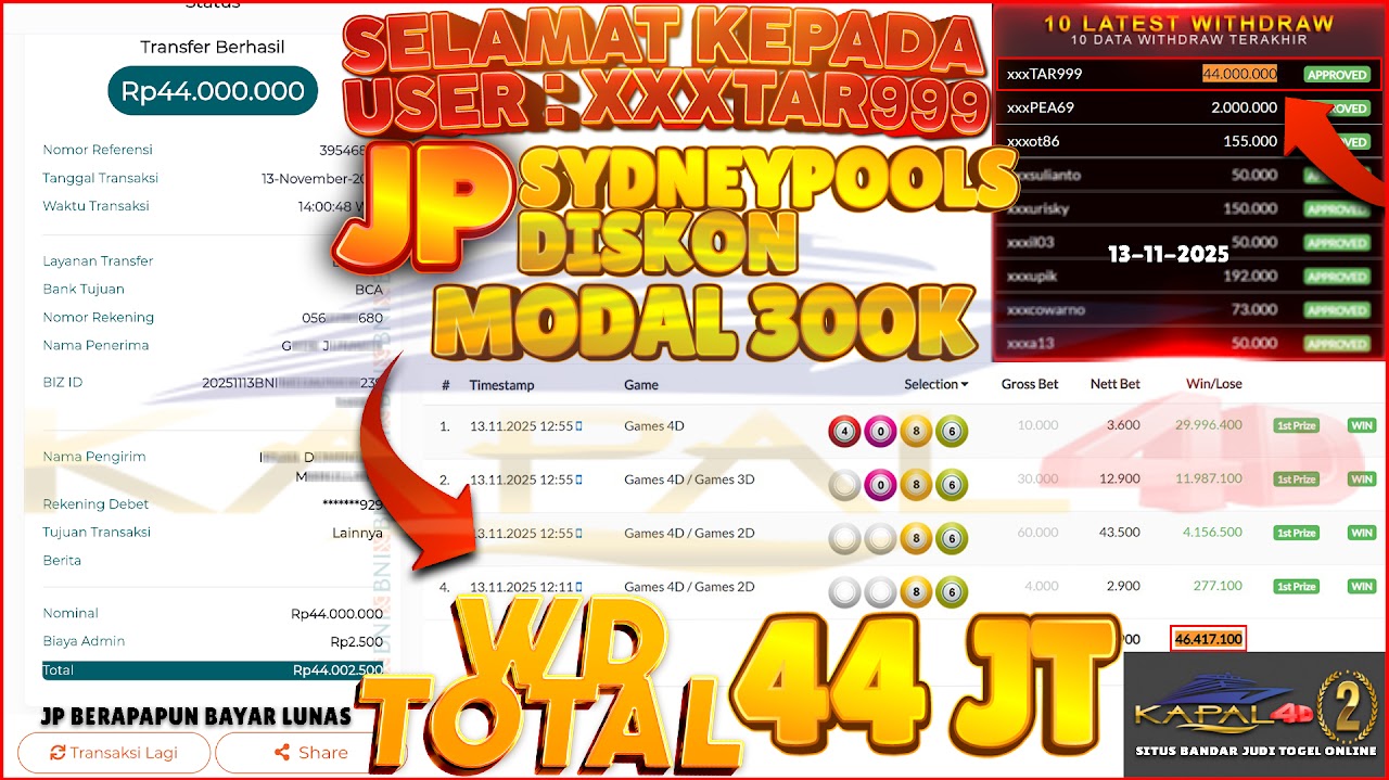 ⚡️ MODAL 300K TEMBUS 44 JUTA! ⚡️Selamat untuk member setia XXXtar999 yang sukses JP Rp 44.000.000,- di SYDNEYPOOLS hanya dengan modal 300 Ribu! 😱💸 Bukti nyata WD cair 44 JUTA tanpa potongan, cepat & aman!🎯 JP berapapun pasti dibayar lunas di KAPAL4D
